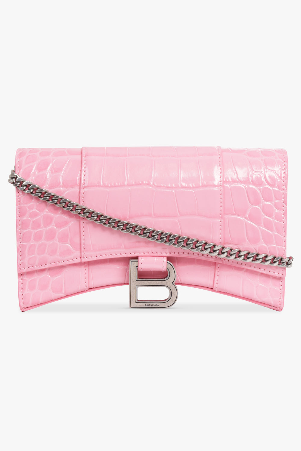 BALENCIAGA BAGS MULTI HOURGLASS WALLET ON CHAIN CROC EMBOSSED | SWEET PINK/SILVER