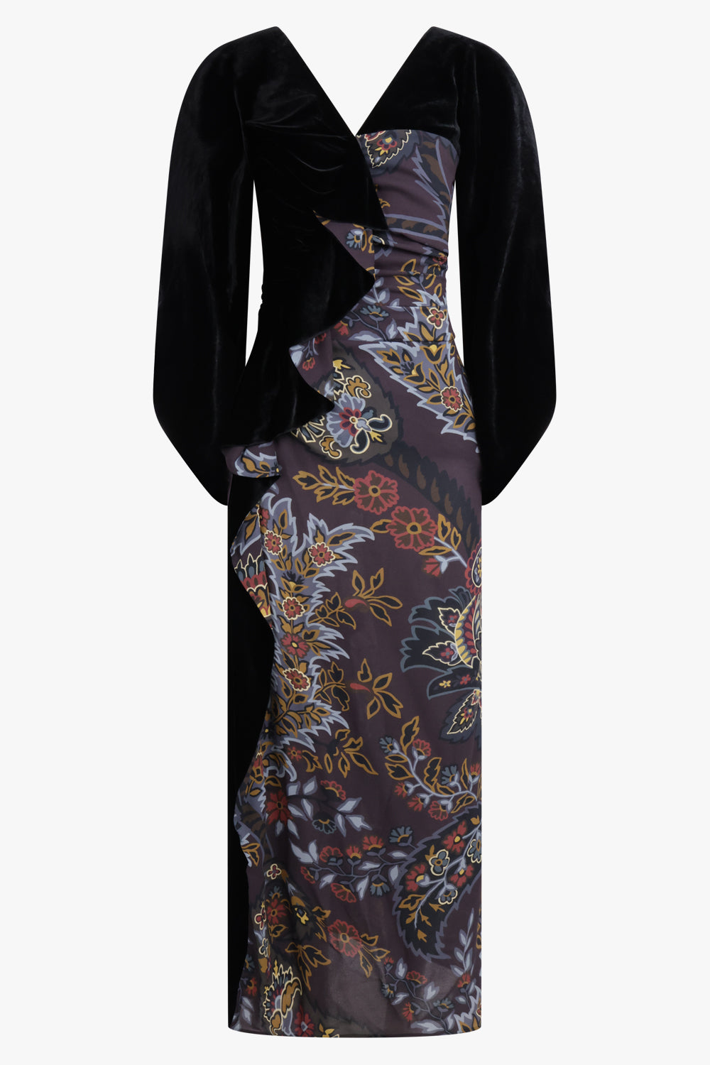 Kimono Style Draped Velvet Contrast Floral Print Midi Dress