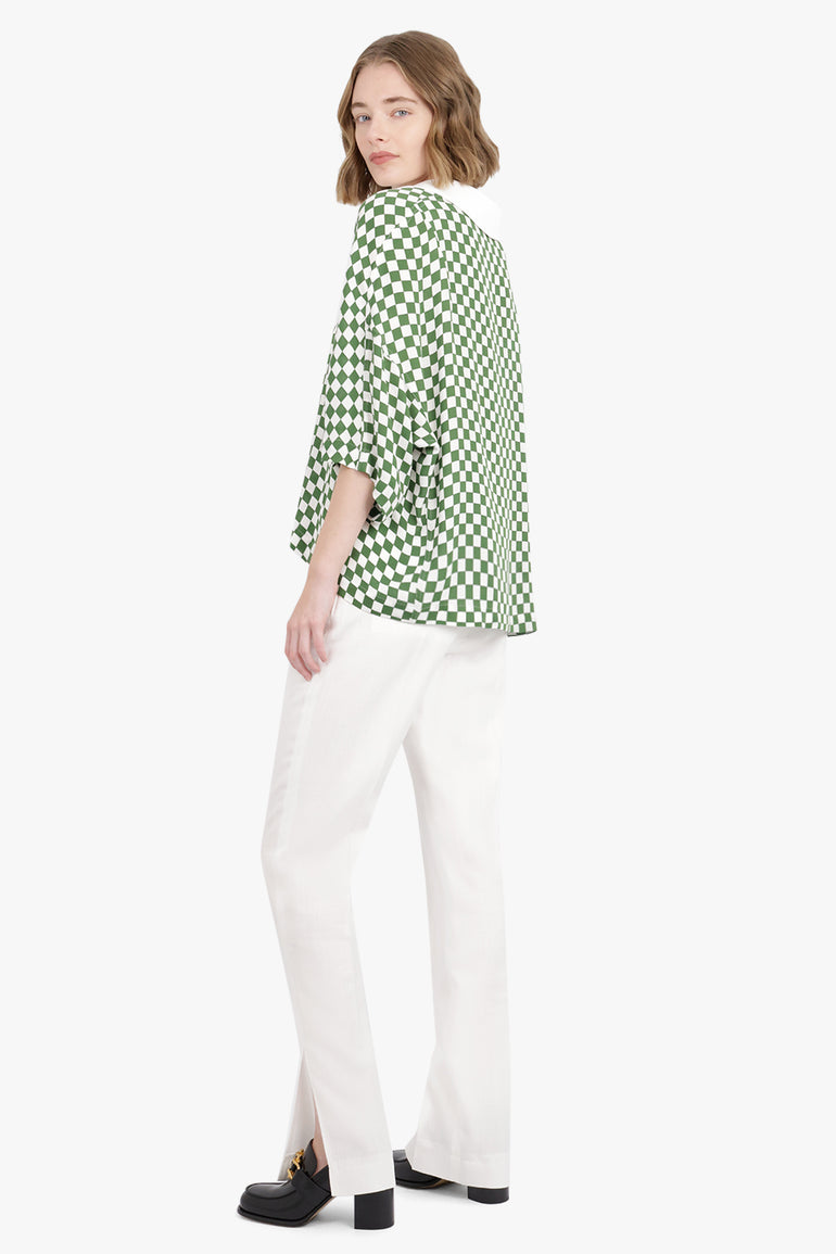 DRIES VAN NOTEN RTW Collar Detail Checkerboard Mid Sleeve Top | Green