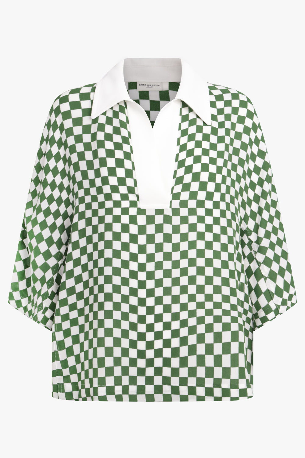 DRIES VAN NOTEN RTW Collar Detail Checkerboard Mid Sleeve Top | Green