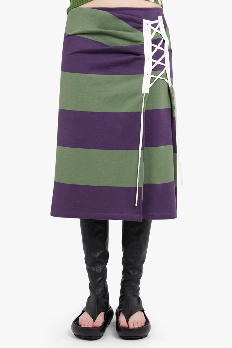 DRIES VAN NOTEN RTW Cross Stitch Tie Side Detail Stripe Midi Skirt | Dark Purple