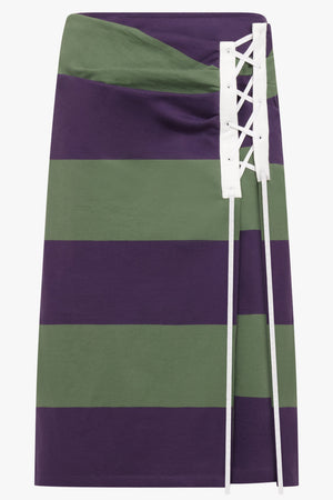 DRIES VAN NOTEN RTW Cross Stitch Tie Side Detail Stripe Midi Skirt | Dark Purple