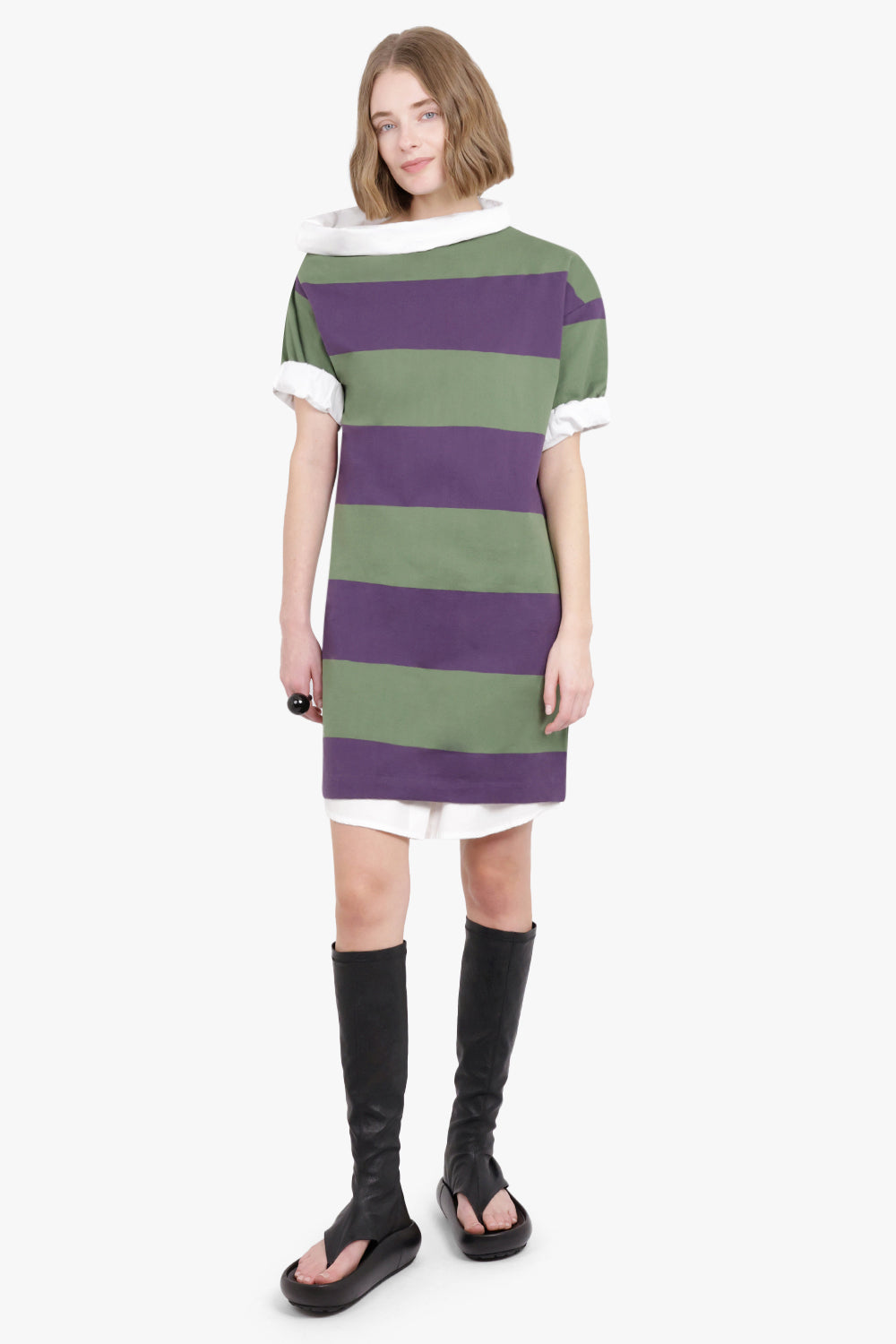 DRIES VAN NOTEN RTW Stripe Asymmetric Neck Shirt Detail Dress | Dark Purple