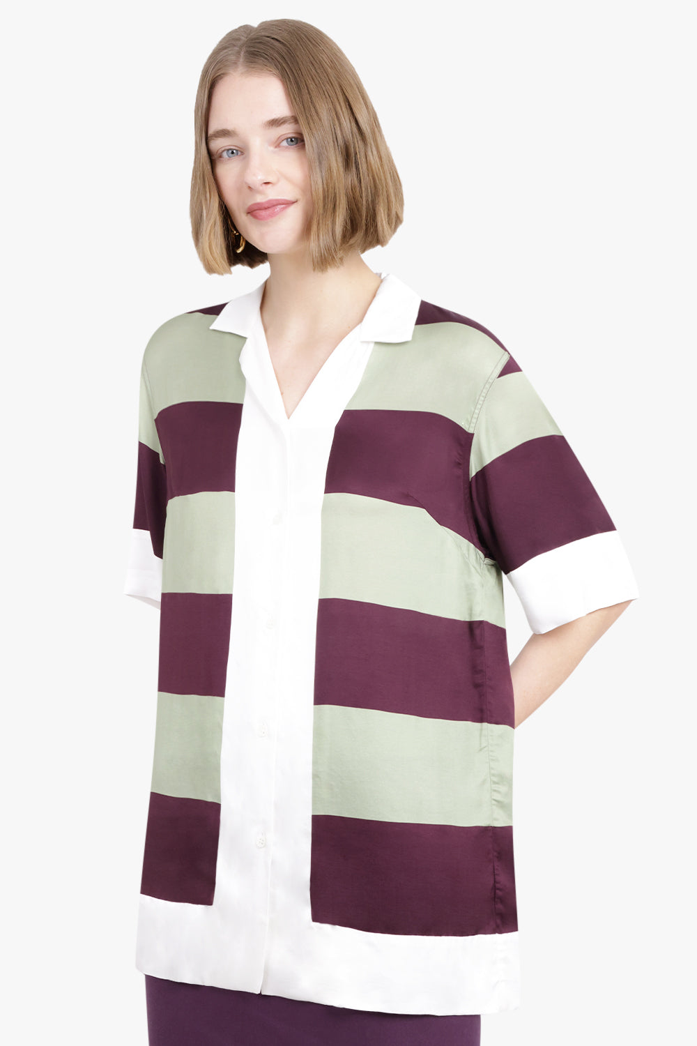 DRIES VAN NOTEN RTW Stripe Short Sleeve White Trim Shirt | Green