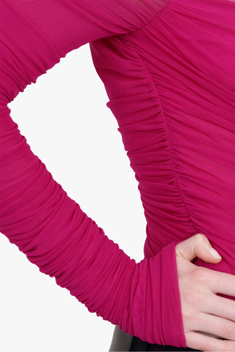 MUGLER RTW Sheer Mesh Long Sleeve Bodysuit | Magenta