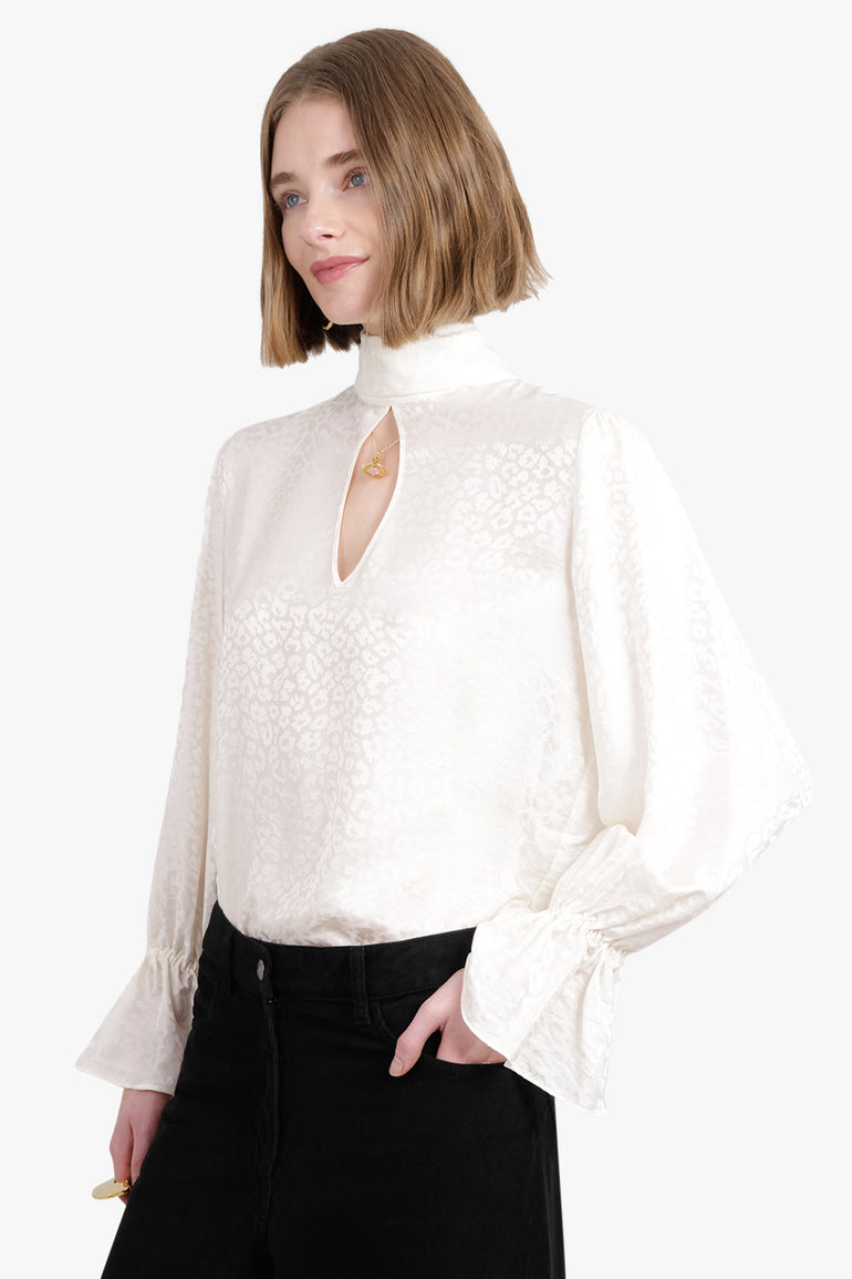 NINA RICCI RTW Leopard-Jacquard Cut-Out Blouse With Back Ties | Cream
