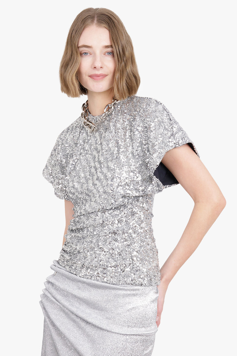 RABANNE RTW ASYMMETRIC RUCHED DETAIL SEQUIN TOP | SILVER