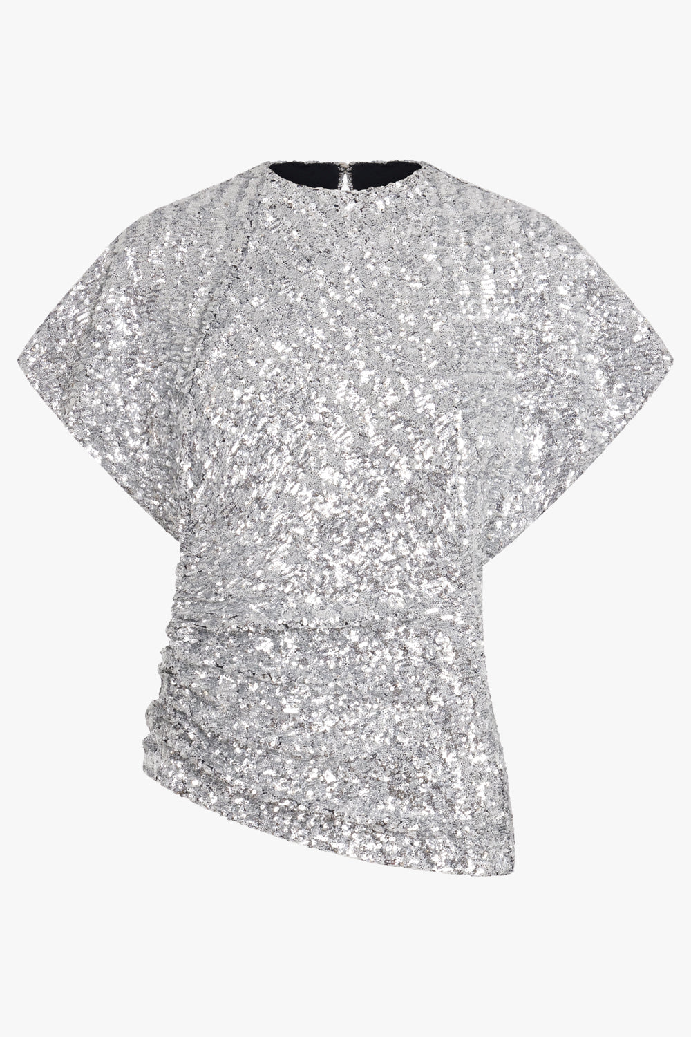 RABANNE RTW ASYMMETRIC RUCHED DETAIL SEQUIN TOP | SILVER