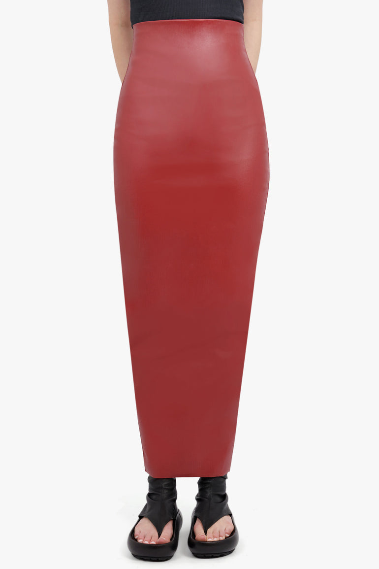 RICK OWENS RTW Dirt Denim Stretch Pillar Skirt | Cardinal Red