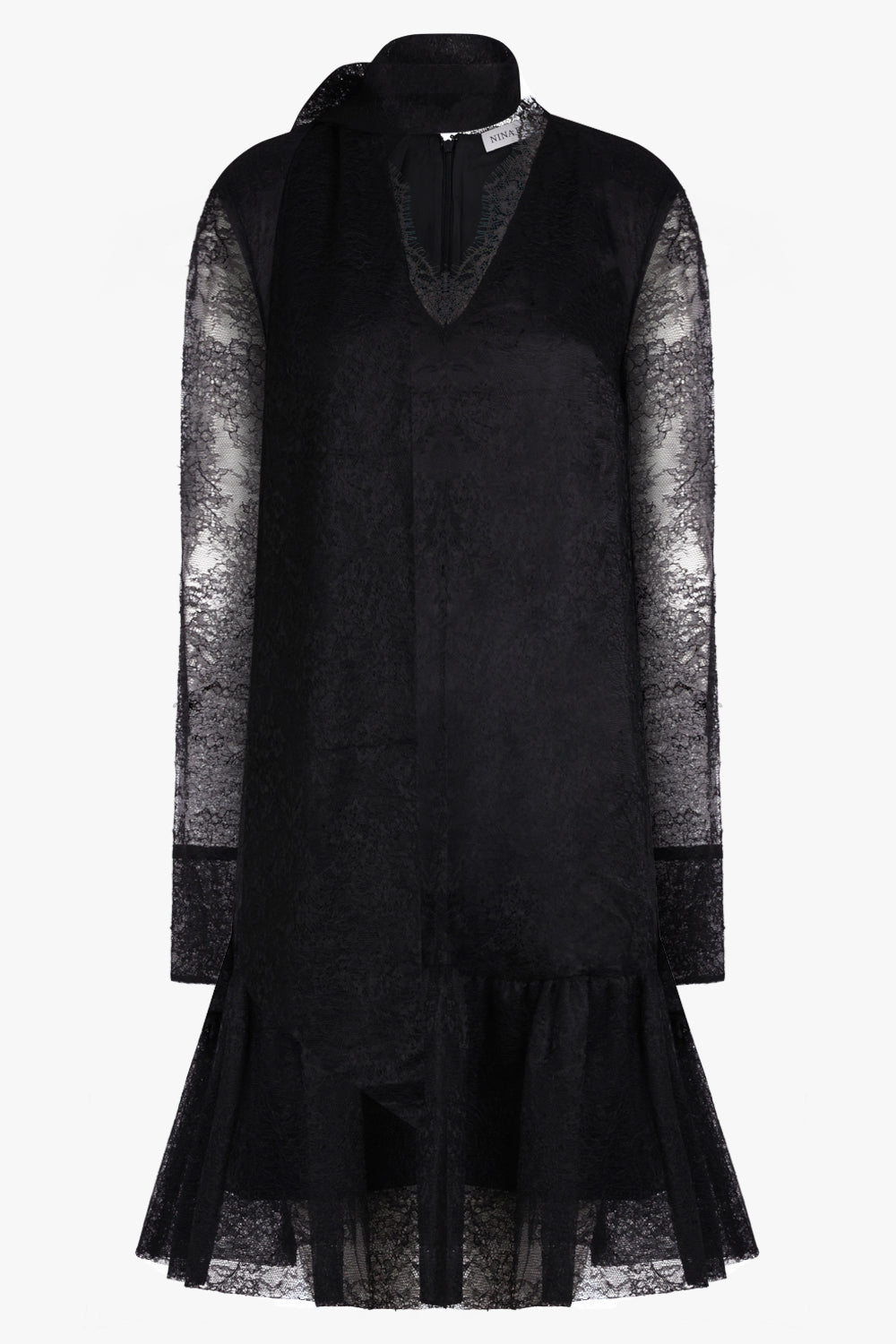 NINA RICCI RTW V-Neck Ruffle Lace Dress | Black