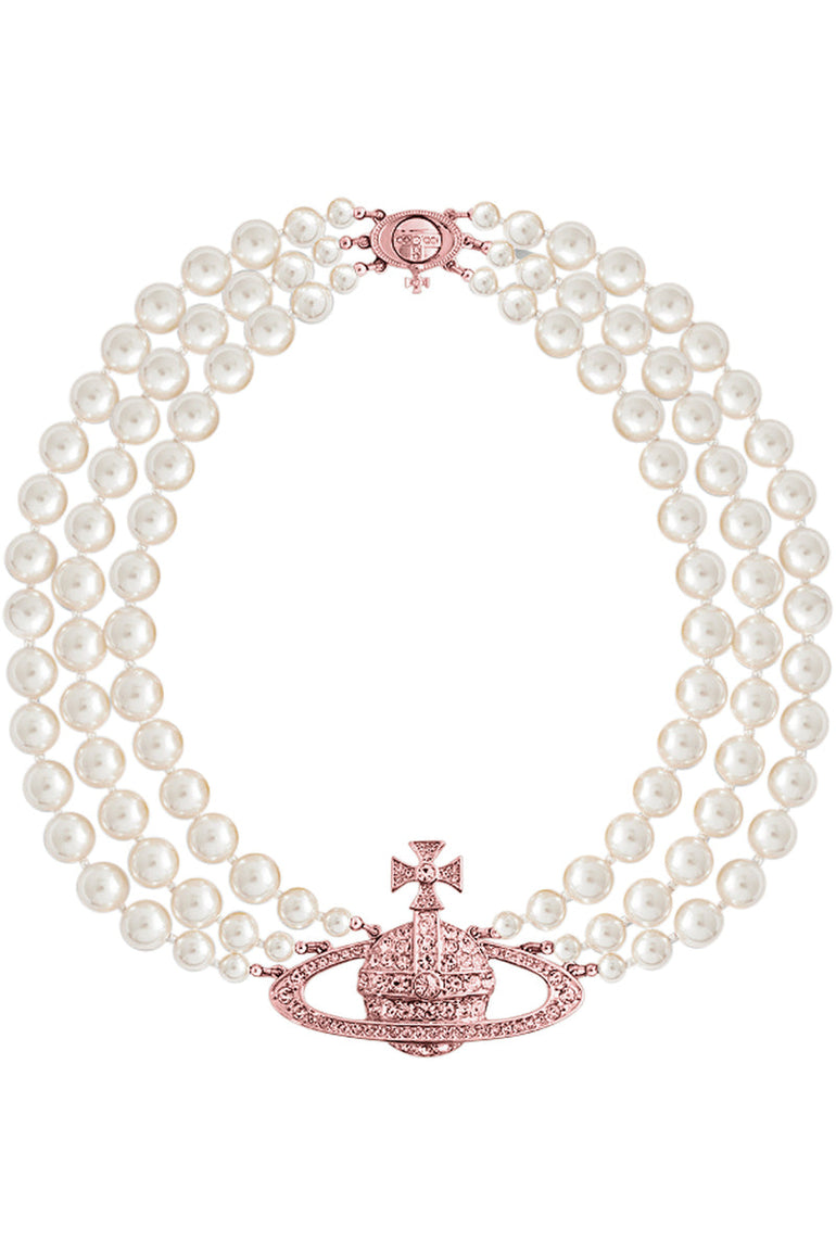 VIVIENNE WESTWOOD Accessories PINK THREE ROW PEARL BAS RELIEF CHOKER | PINK GOLD