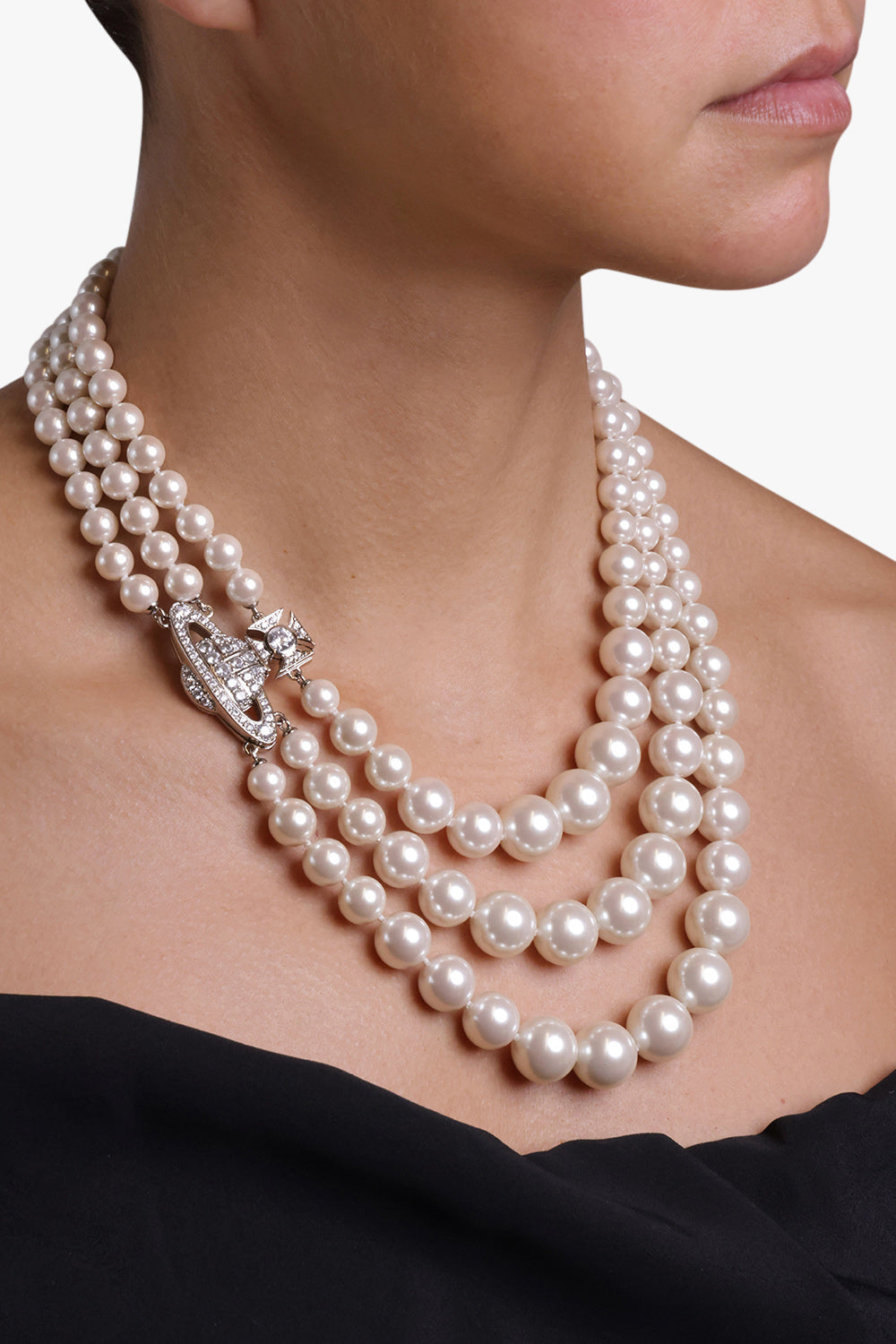 VIVIENNE WESTWOOD JEWELLERY Silver Graziella Three Row Pearl Necklace | Silver/Cream Rose Pearl