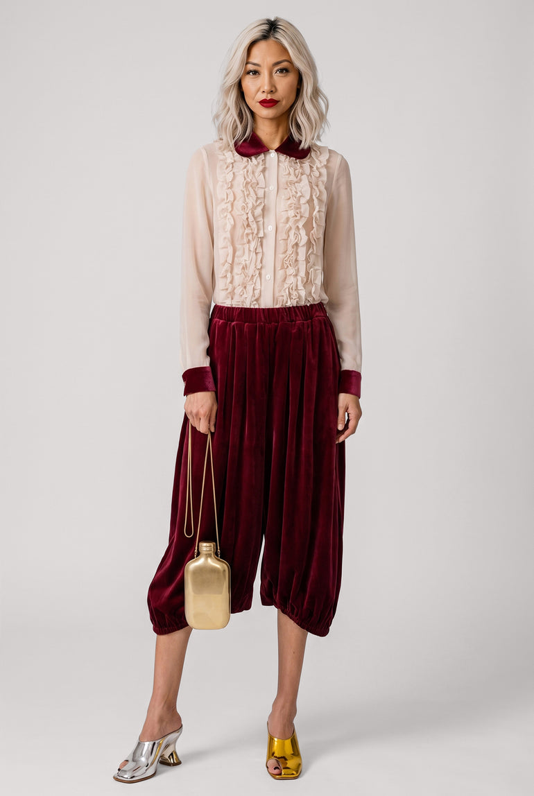 COMME DES GARCONS RTW Elastic Waist Velvet Drop Crotch Pant | Burgundy