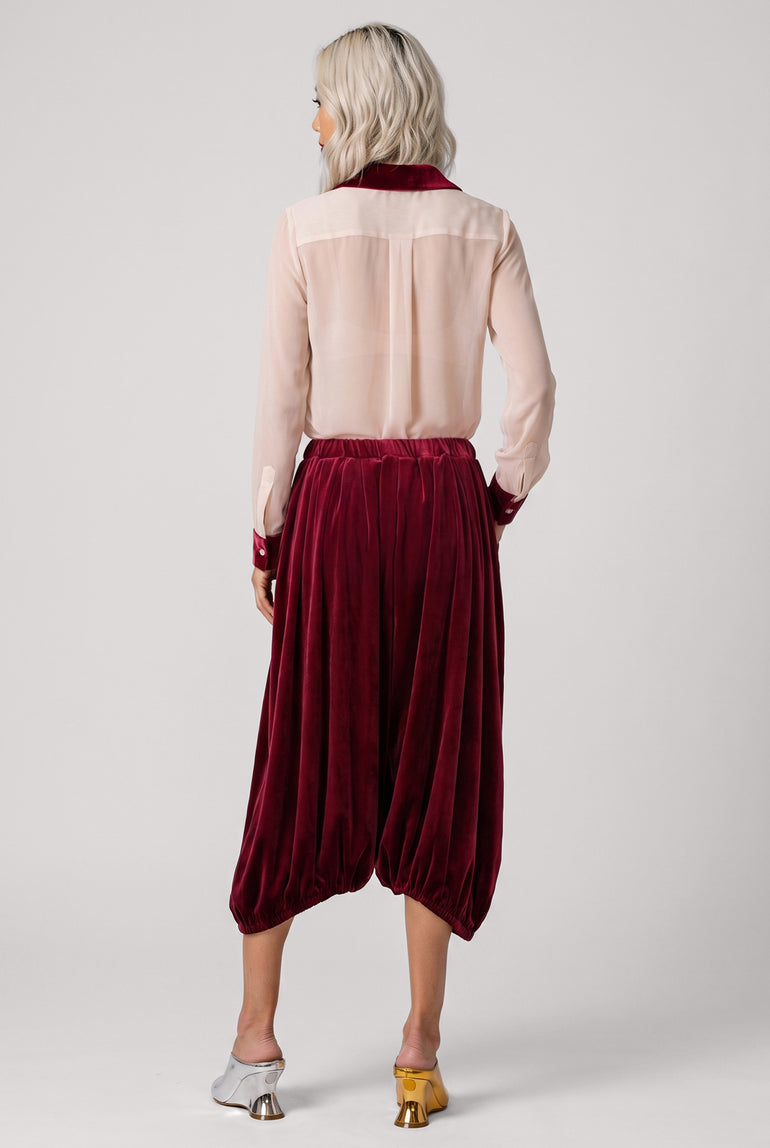 COMME DES GARCONS RTW Elastic Waist Velvet Drop Crotch Pant | Burgundy