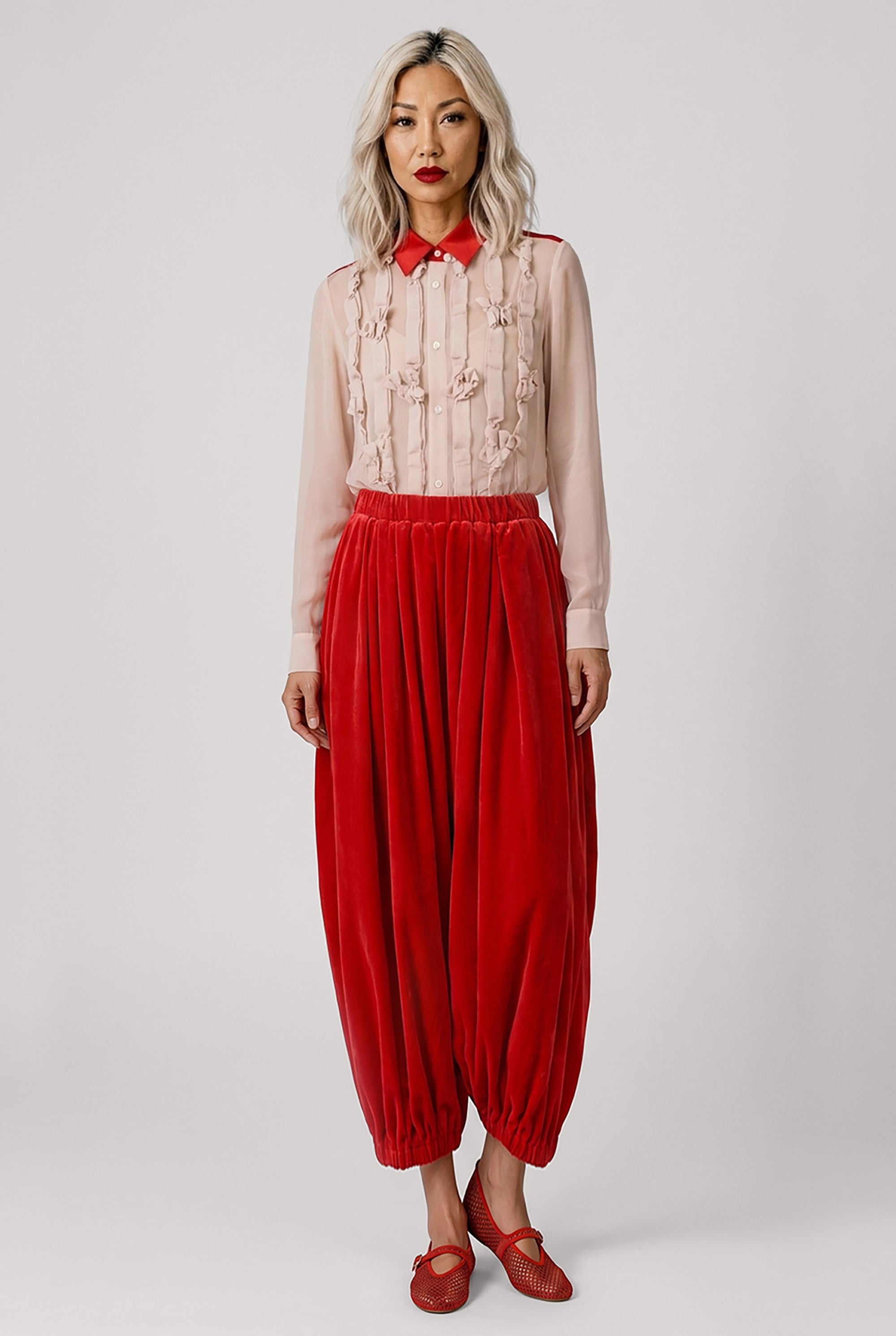 COMME DES GARCONS RTW Elastic Waist Velvet Drop Crotch Pant | Red