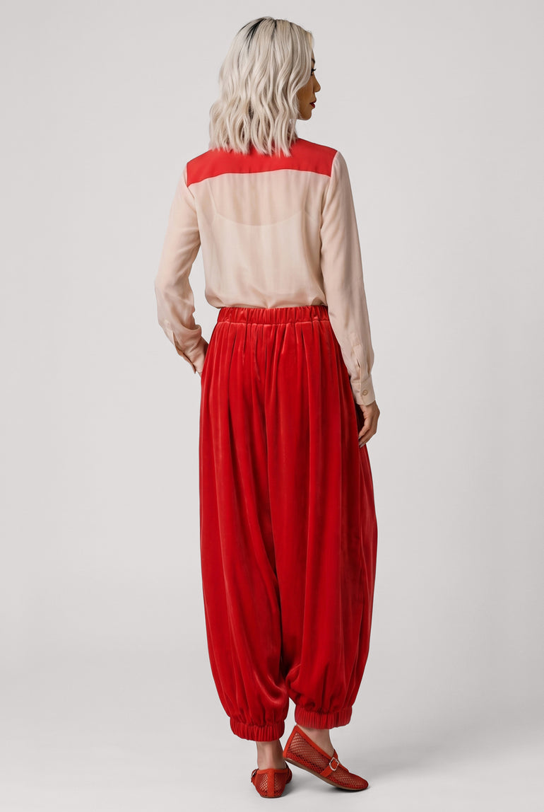 COMME DES GARCONS RTW Elastic Waist Velvet Drop Crotch Pant | Red