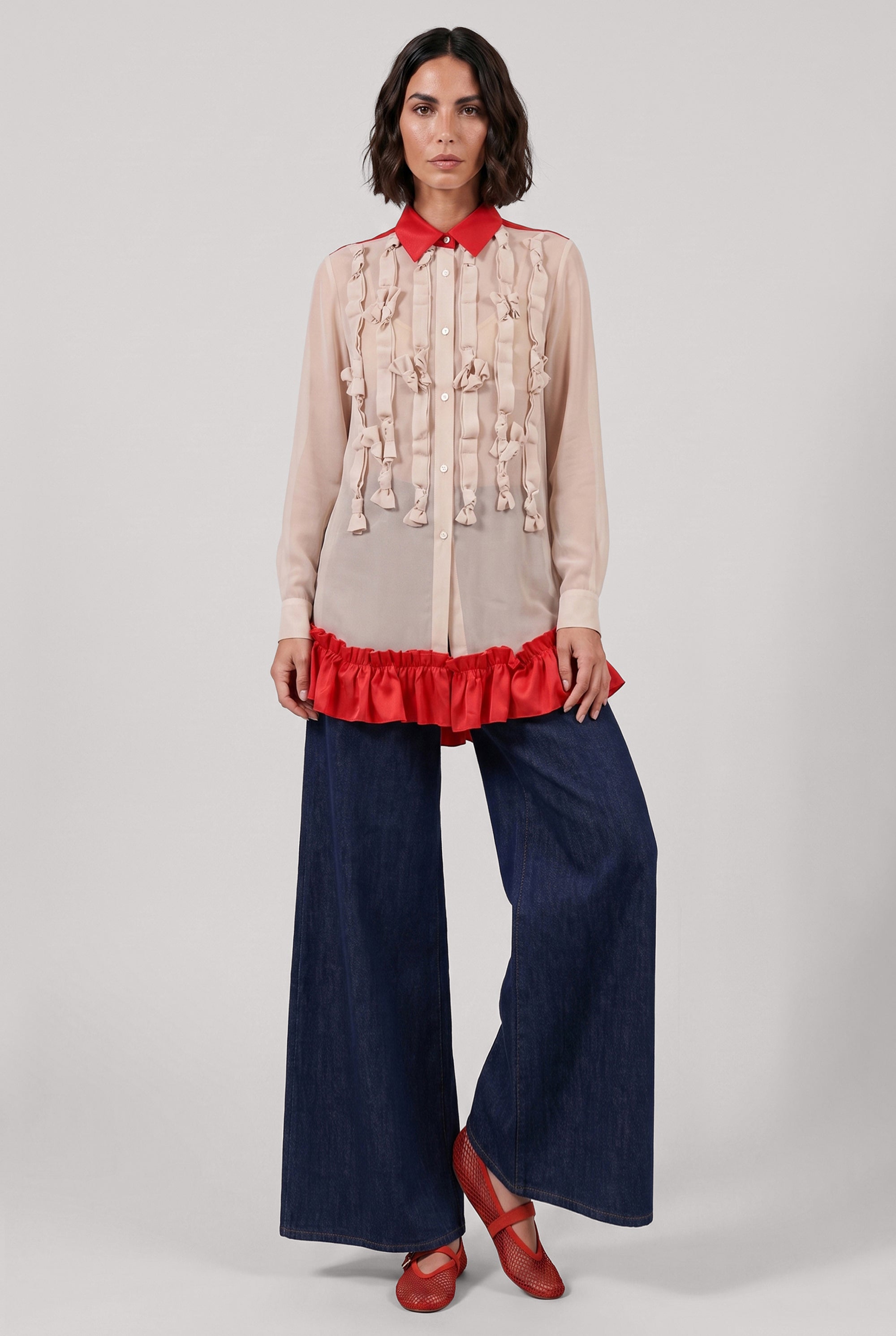 COMME DES GARCONS RTW Bow Embellish L/S Shirt With Velvet Ruffle Hem | Beige/Red
