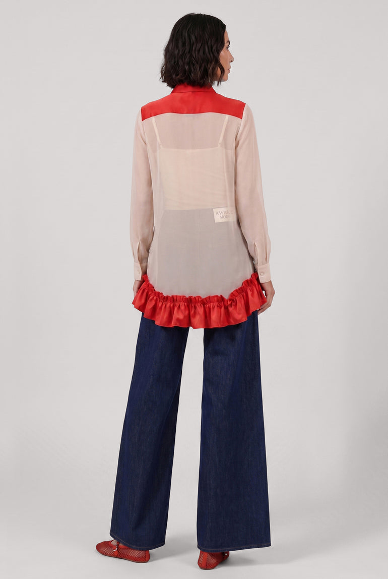 COMME DES GARCONS RTW Bow Embellish L/S Shirt With Velvet Ruffle Hem | Beige/Red