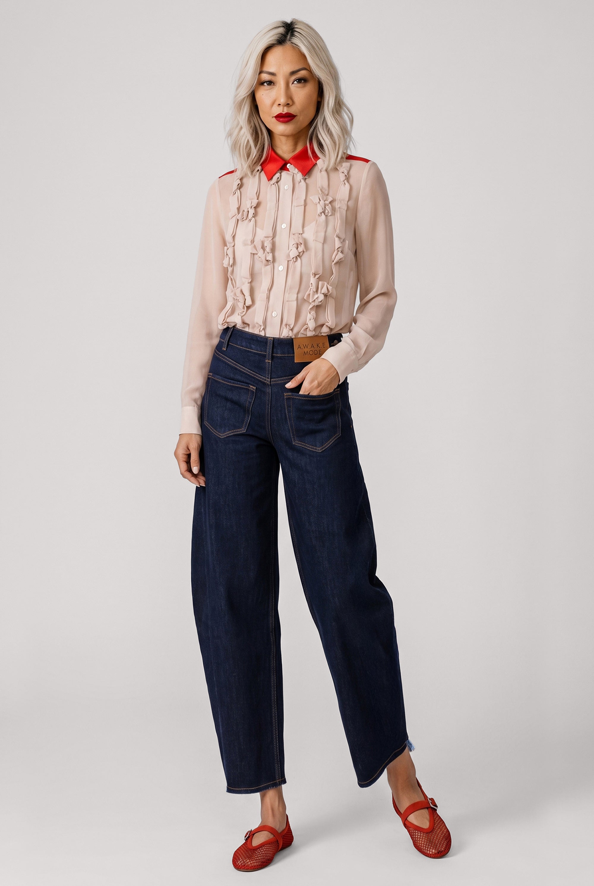 COMME DES GARCONS RTW Ruffle Embellish L/S Shirt With Velvet Trim | Beige/Red