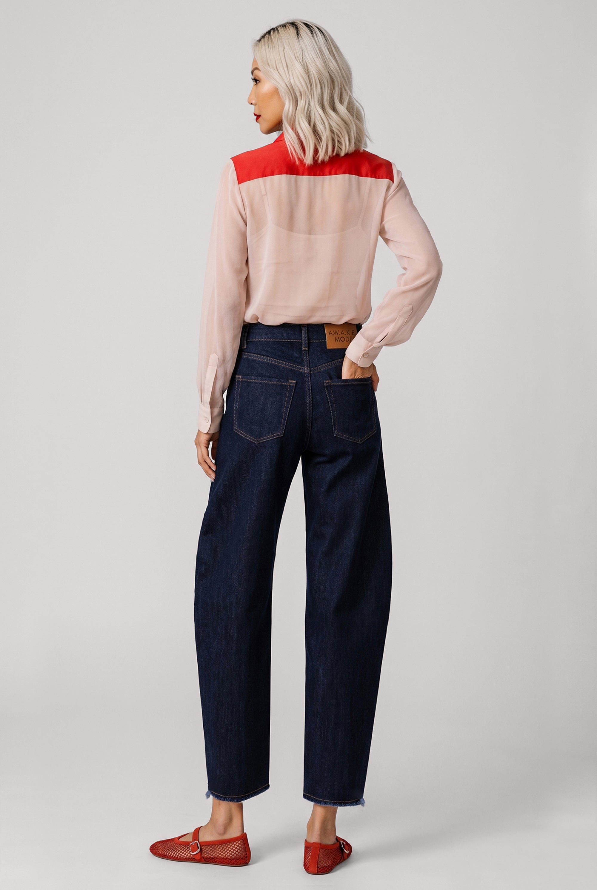COMME DES GARCONS RTW Ruffle Embellish L/S Shirt With Velvet Trim | Beige/Red