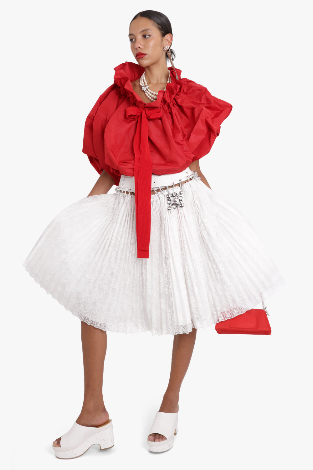 CHOPOVA LOWENA RTW Laysin Lace Knee Length Carabiner Skirt | White