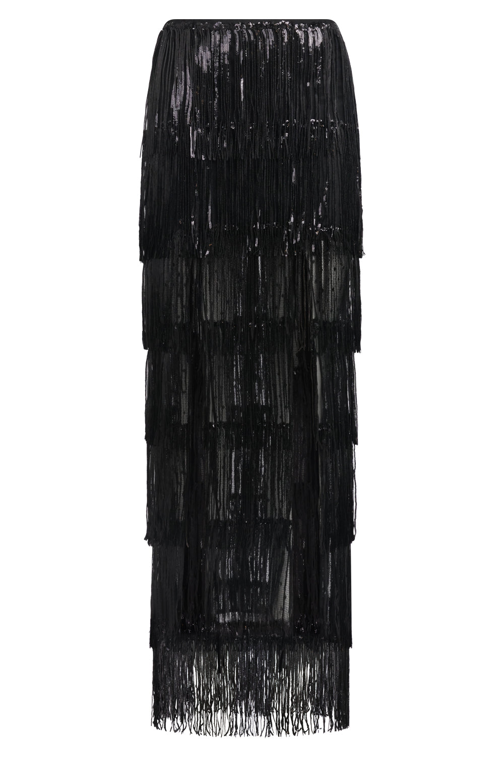 NINA RICCI RTW Fringed Sequin Maxi Straight Split Skirt | Black