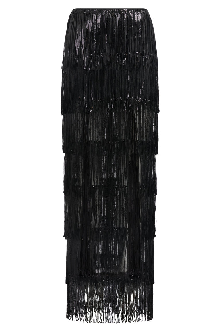NINA RICCI RTW Fringed Sequin Maxi Straight Split Skirt | Black