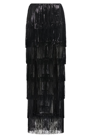 NINA RICCI RTW Fringed Sequin Maxi Straight Split Skirt | Black