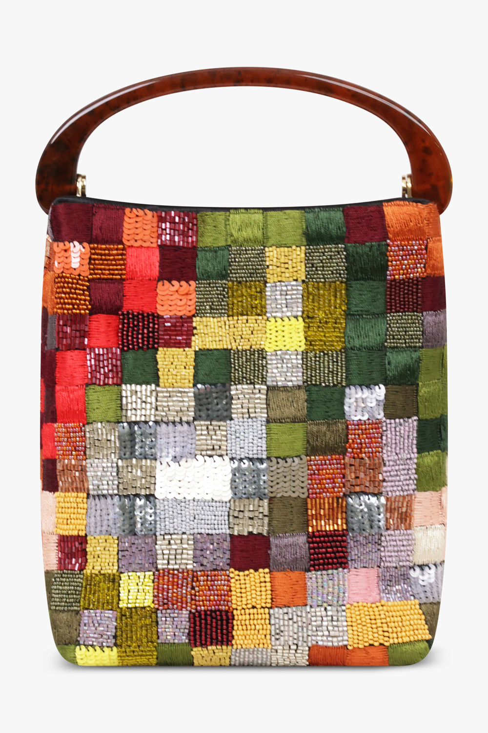 Dries Van Noten Crispino embroidered satin bag in multi, front view with tortoiseshell resin top handle