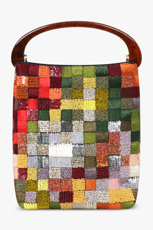 Dries Van Noten Crispino embroidered satin bag in multi, front view with tortoiseshell resin top handle