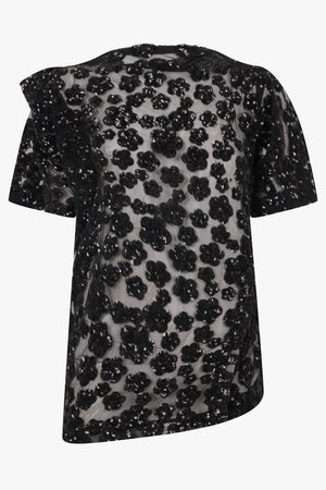 Floral Sequin Asymmetric T-Shirt | Black