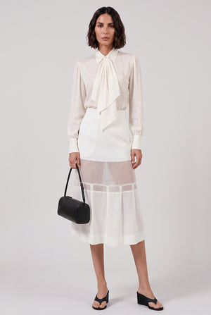 L/S Silky Shirt With Tiered Flutter Sleeves | Ecru