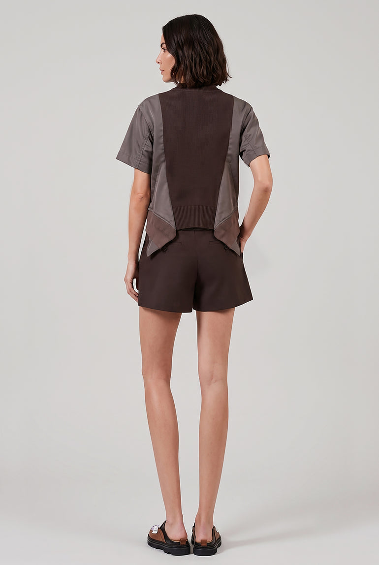 SACAI RTW Contrast S/S Panel X Knit Pullover Top | Brown