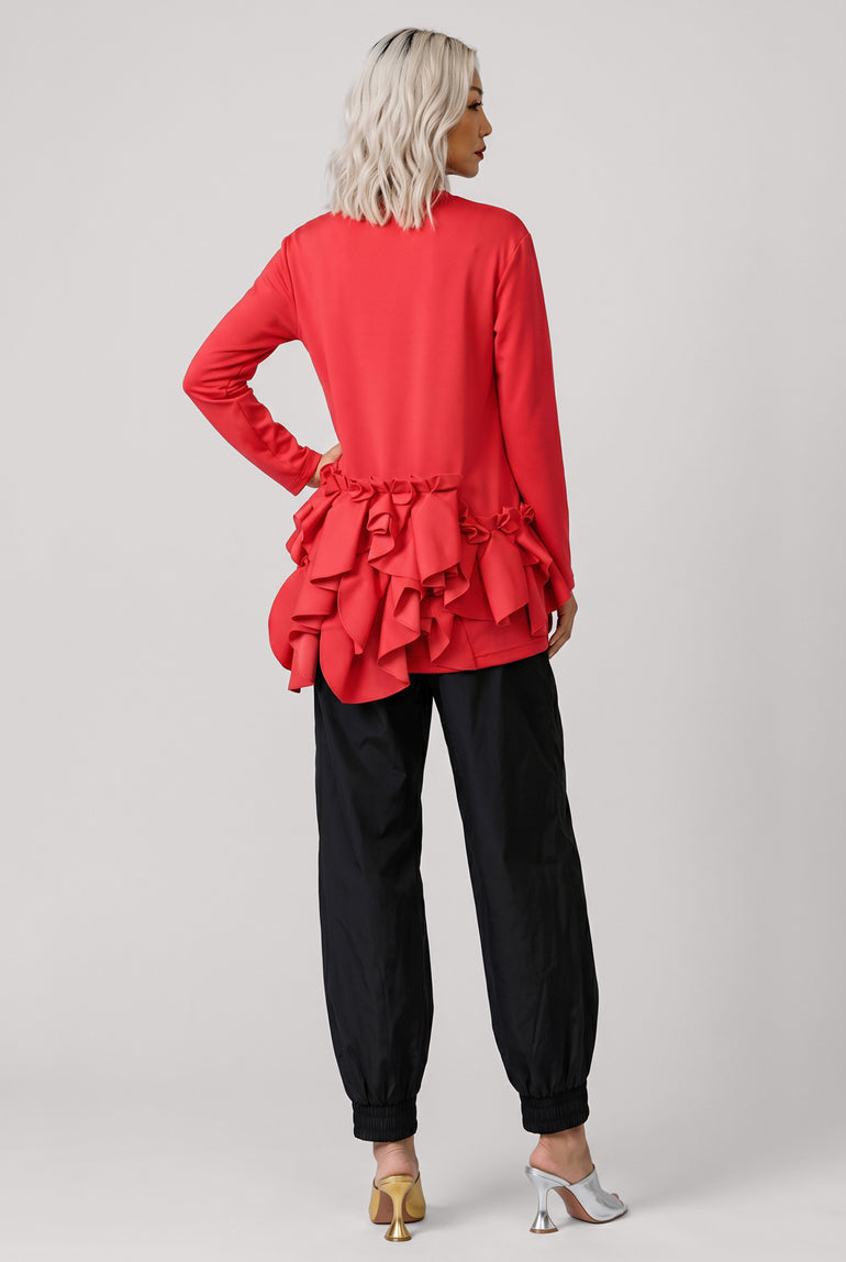 COMME DES GARCONS RTW Crew Neck L\S  Top with Exaggerated Ruffle Hem | Red