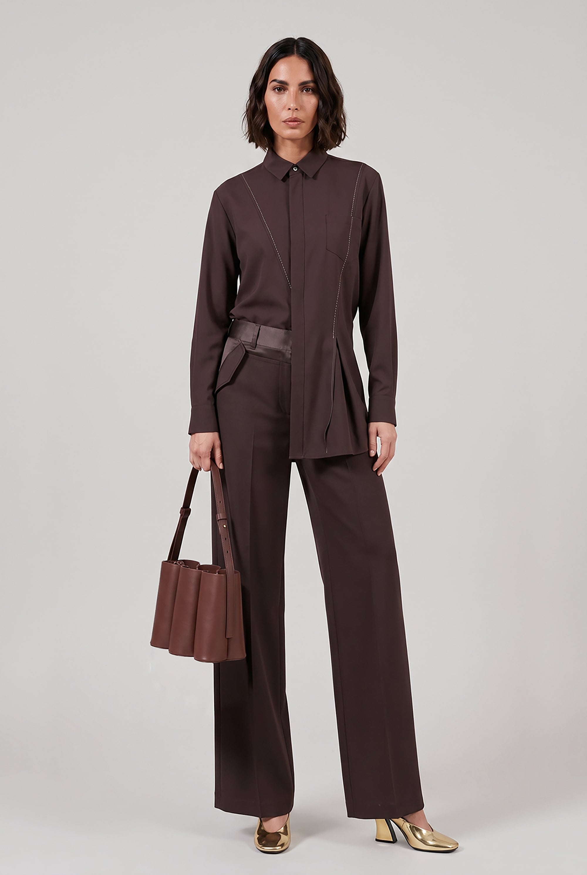 SACAI RTW Suiting L/S Shirt With Panel Detail | Brown
