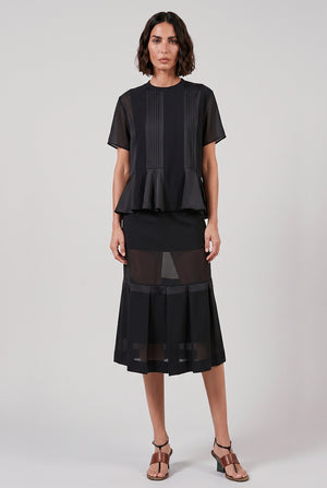 Sheer Panel Layered Midi Skirt | Black