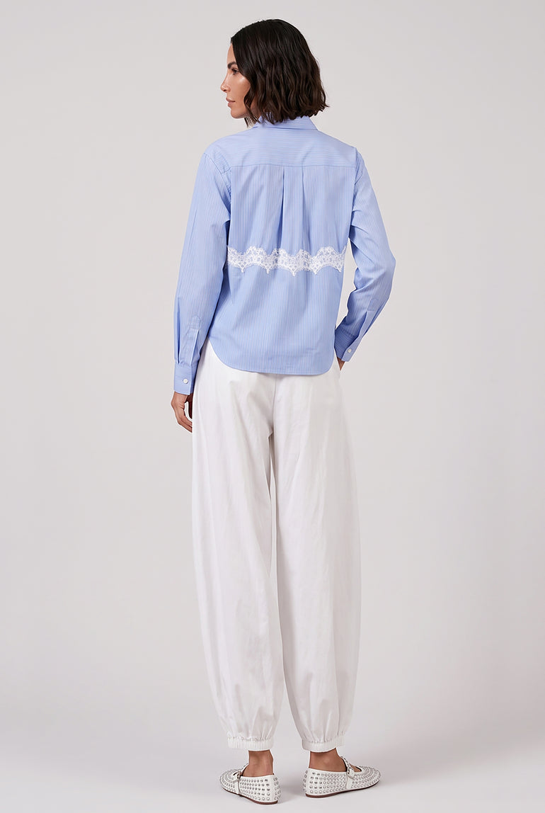 SACAI RTW Stripe Poplin Shirt with Lace Detail | Blue Stripe