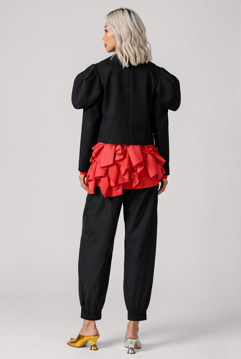 COMME DES GARCONS RTW Exaggerated Puff Sleeve Button Up Jacket With Wide Collar | Black