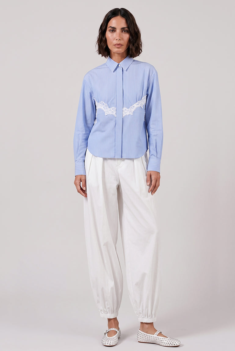 SACAI RTW Stripe Poplin Shirt with Lace Detail | Blue Stripe