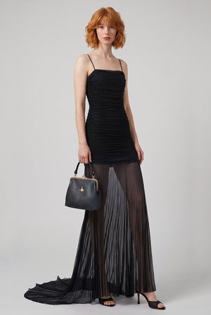 Ruched Mini Dress With Sheer Maxi Skirt | Black