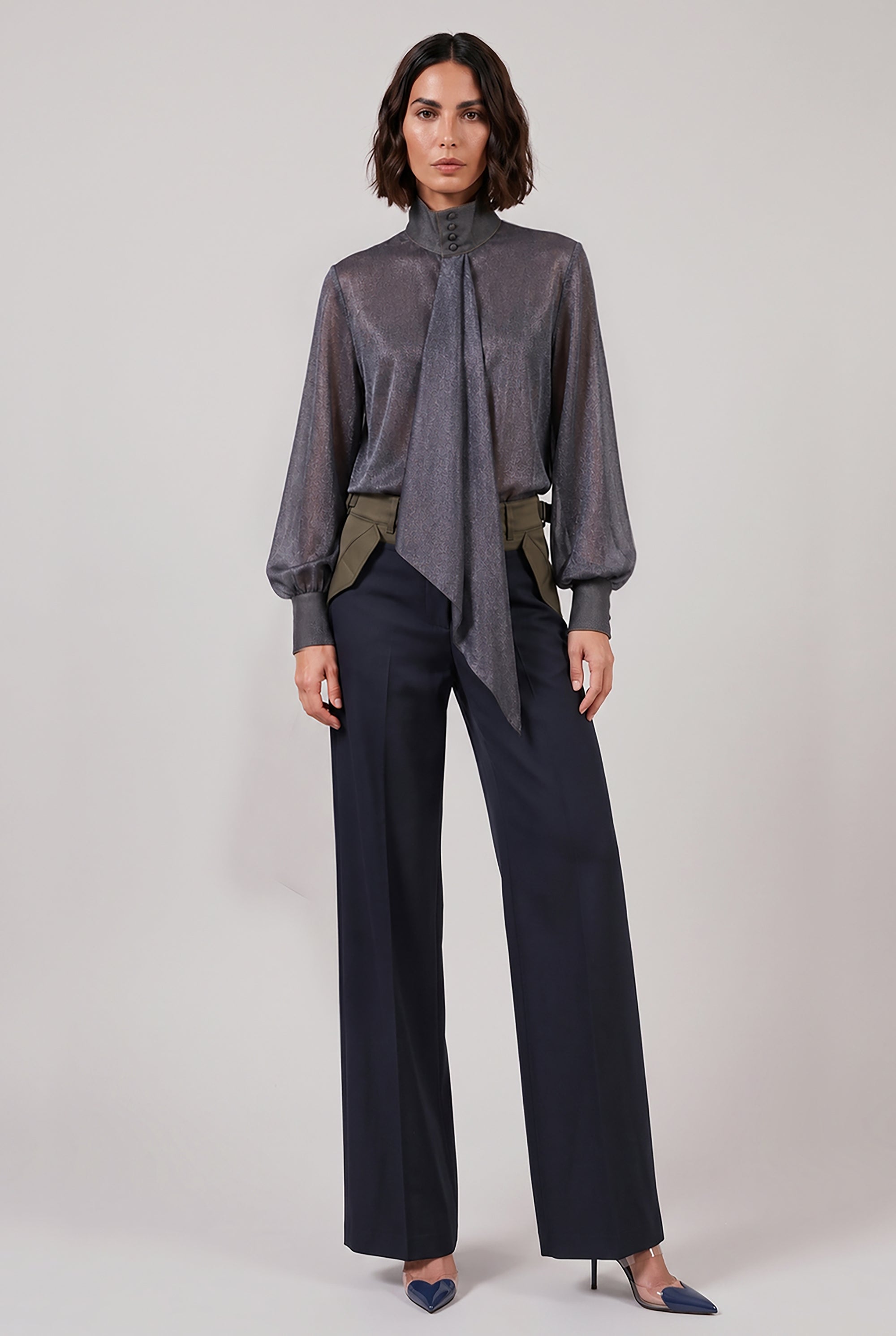 SACAI RTW Denim Print Layered Mini Dress With High Neck | Indigo Blue