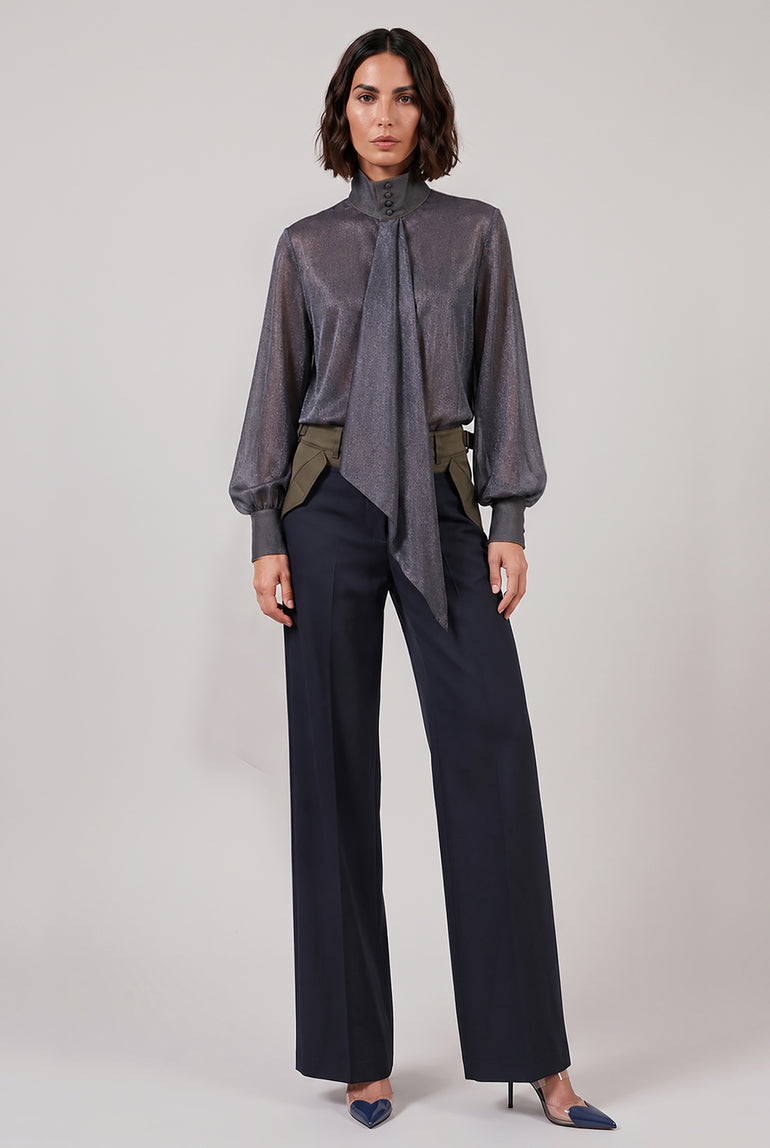 SACAI RTW Denim Print Layered Mini Dress With High Neck | Indigo Blue