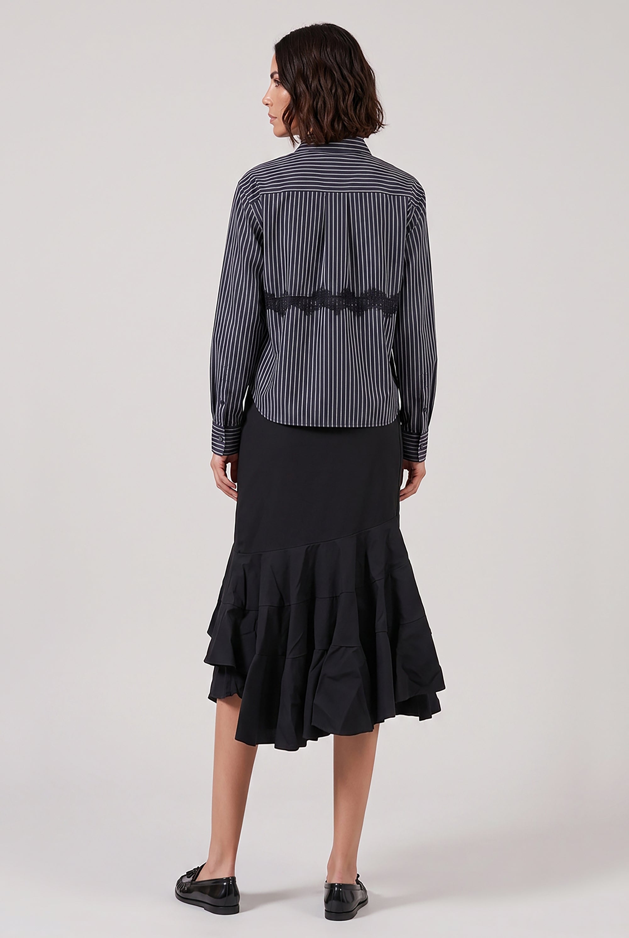 SACAI RTW Stripe Poplin Shirt with Lace Detail | Navy Stripe