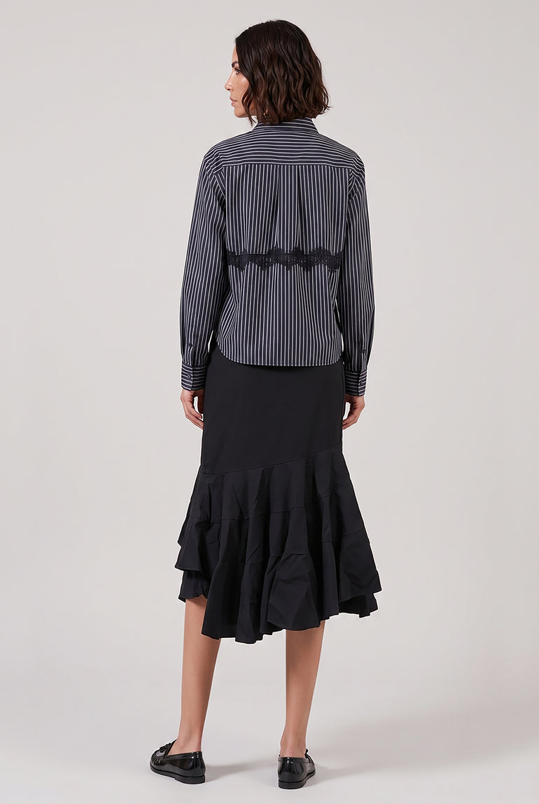 SACAI RTW Stripe Poplin Shirt with Lace Detail | Navy Stripe