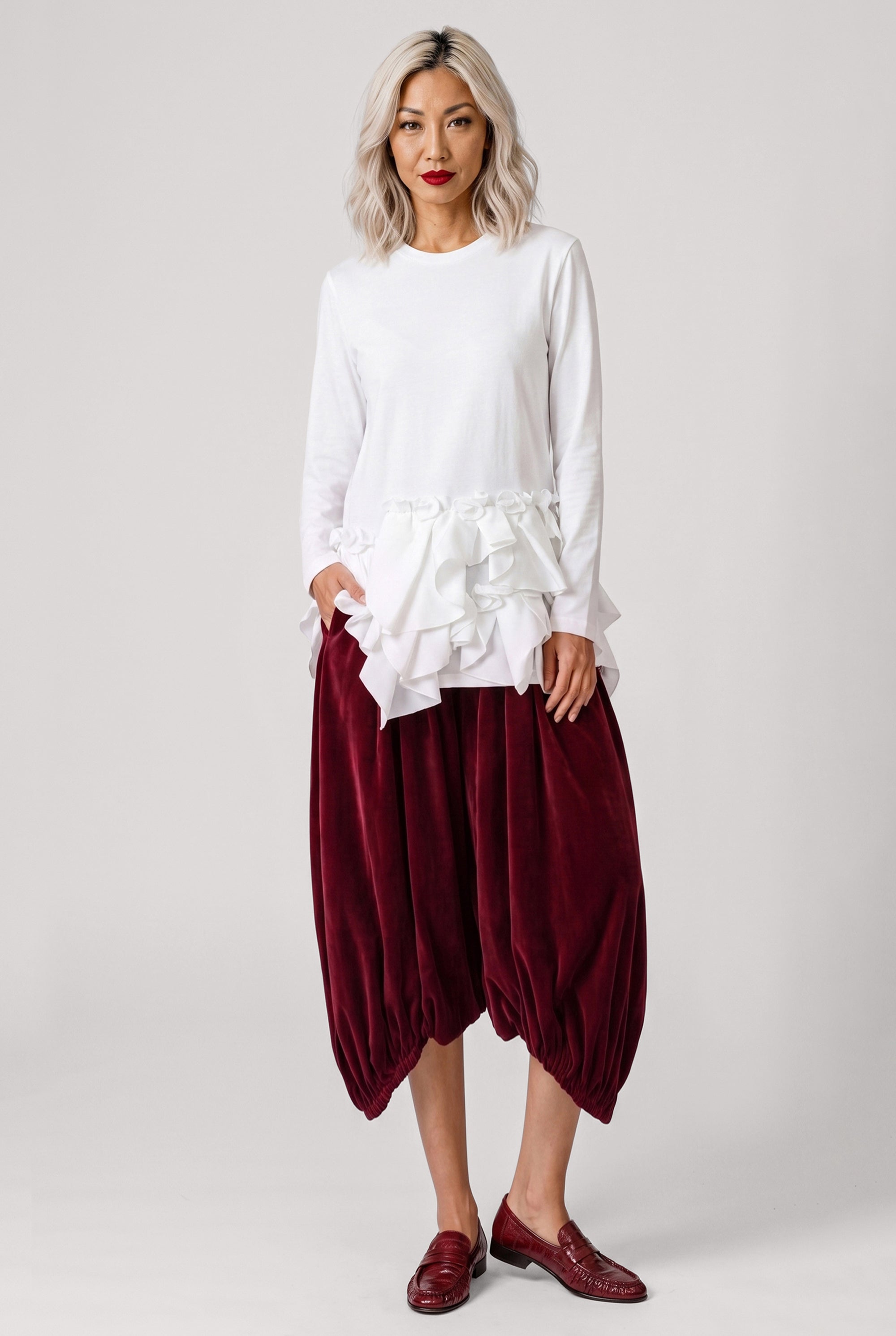 COMME DES GARCONS RTW Crew Neck L\S  Top with Exaggerated Ruffle Hem | White