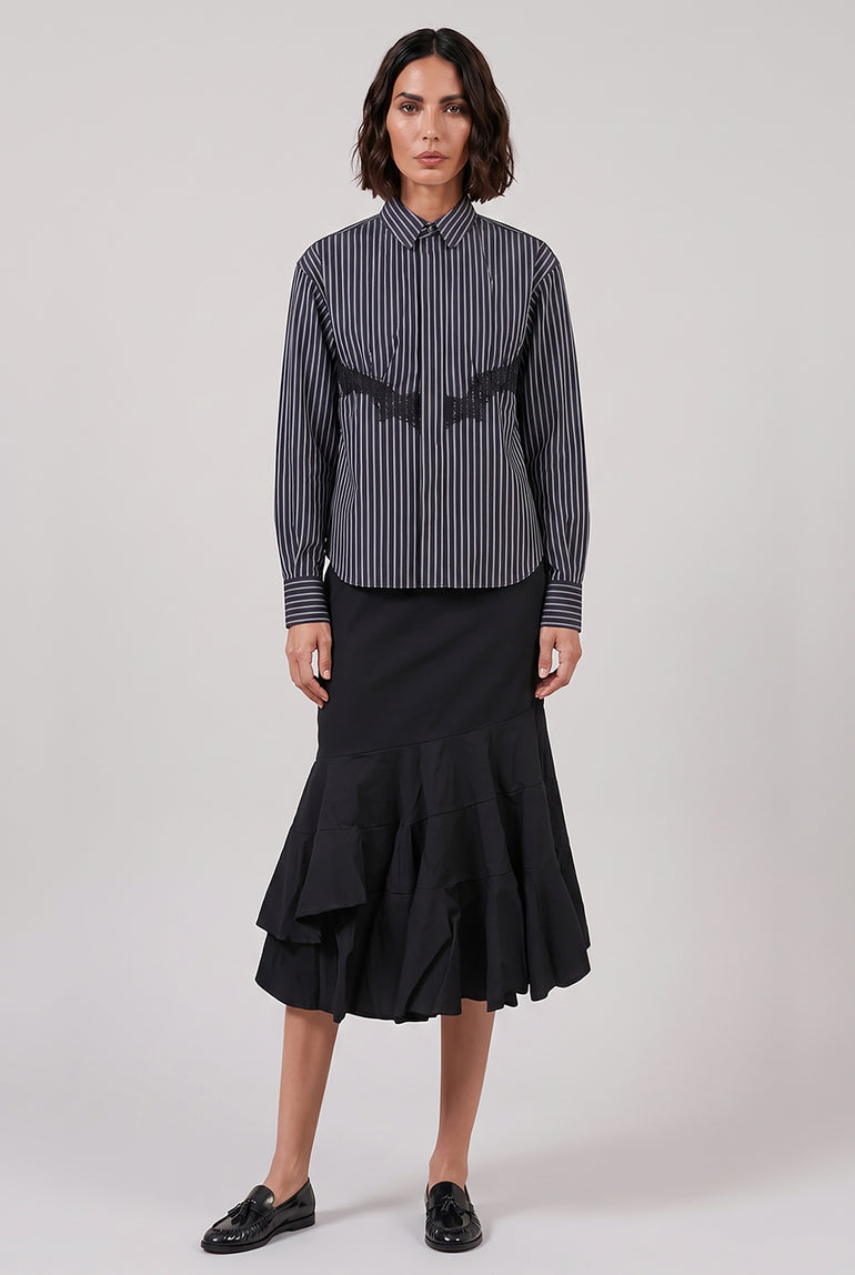 SACAI RTW Stripe Poplin Shirt with Lace Detail | Navy Stripe
