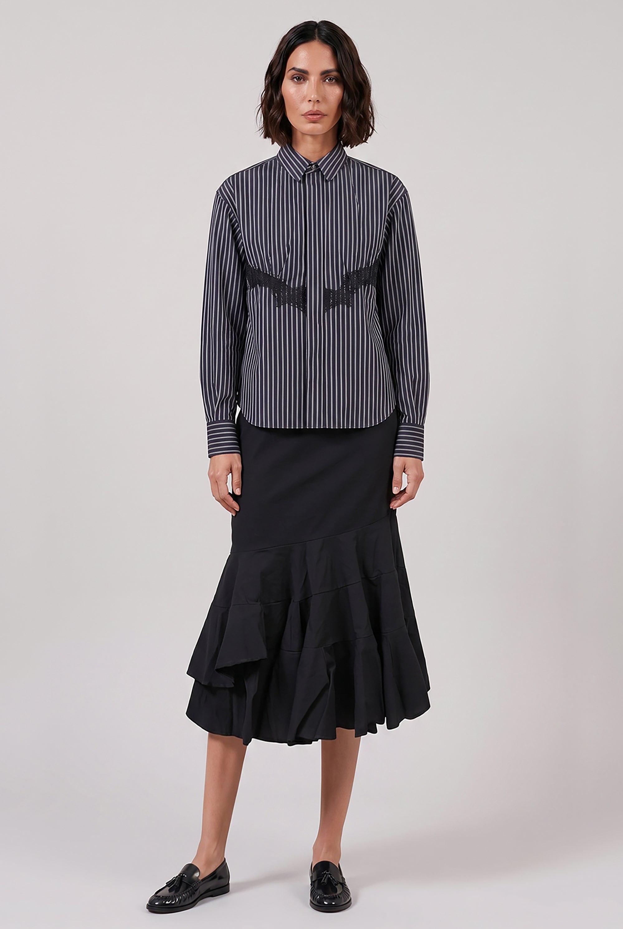 COMME DES GARCONS RTW Elastic Waist Tier Ruffle Hem Midi Skirt | Black