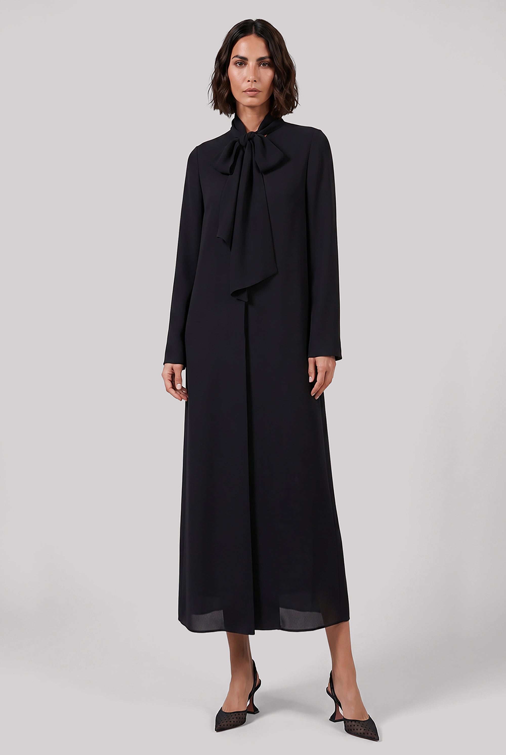 ALAIA RTW Bow L/S Midi Drape Dress with Scarf Collar | Black