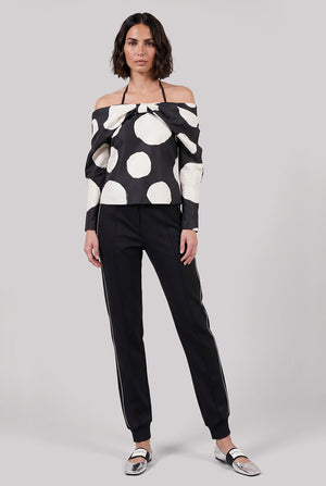 NINA RICCI RTW Polka Dot Off Shoulder Bow Detail L/S Top | Black/White