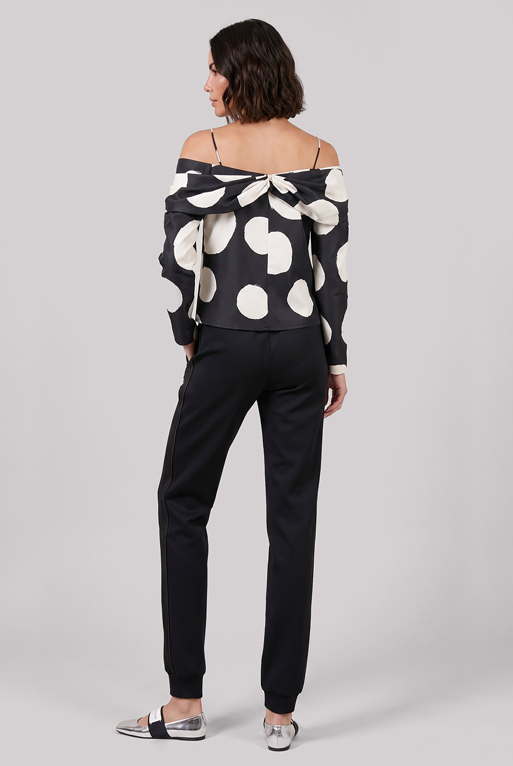 NINA RICCI RTW Polka Dot Off Shoulder Bow Detail L/S Top | Black/White